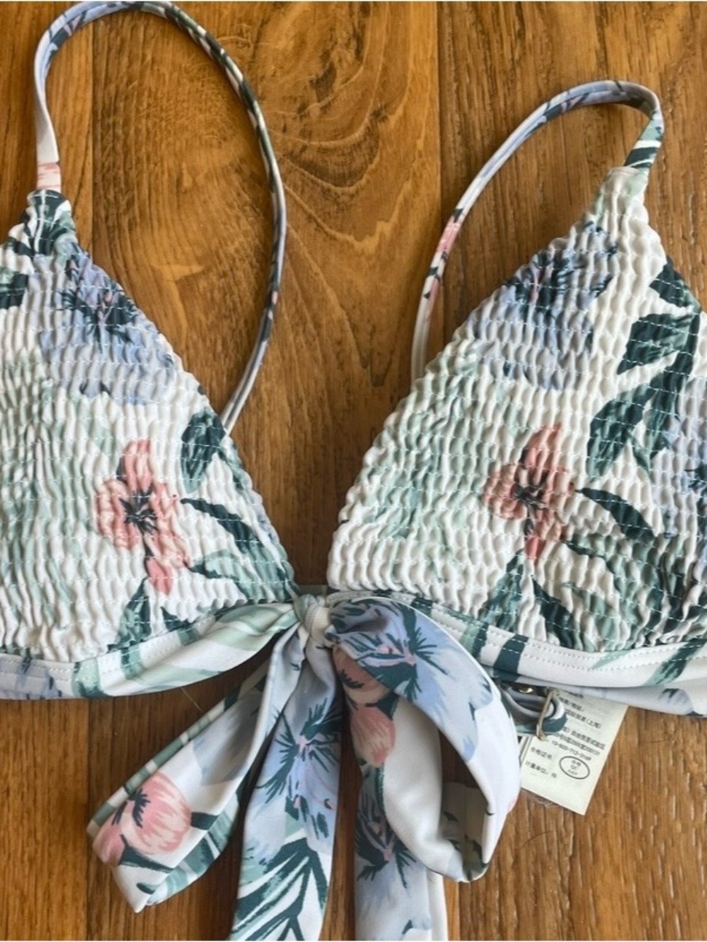 Hollister White Floral Smocked Triangle Bikini Top with Pink & Green Accents